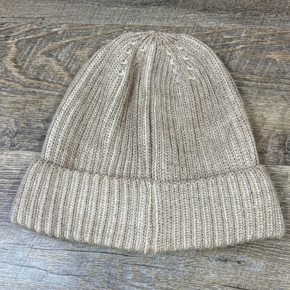 True Religion Classic Ribbed Knit Beanie Hat | Tan Neutral | Logo Patch